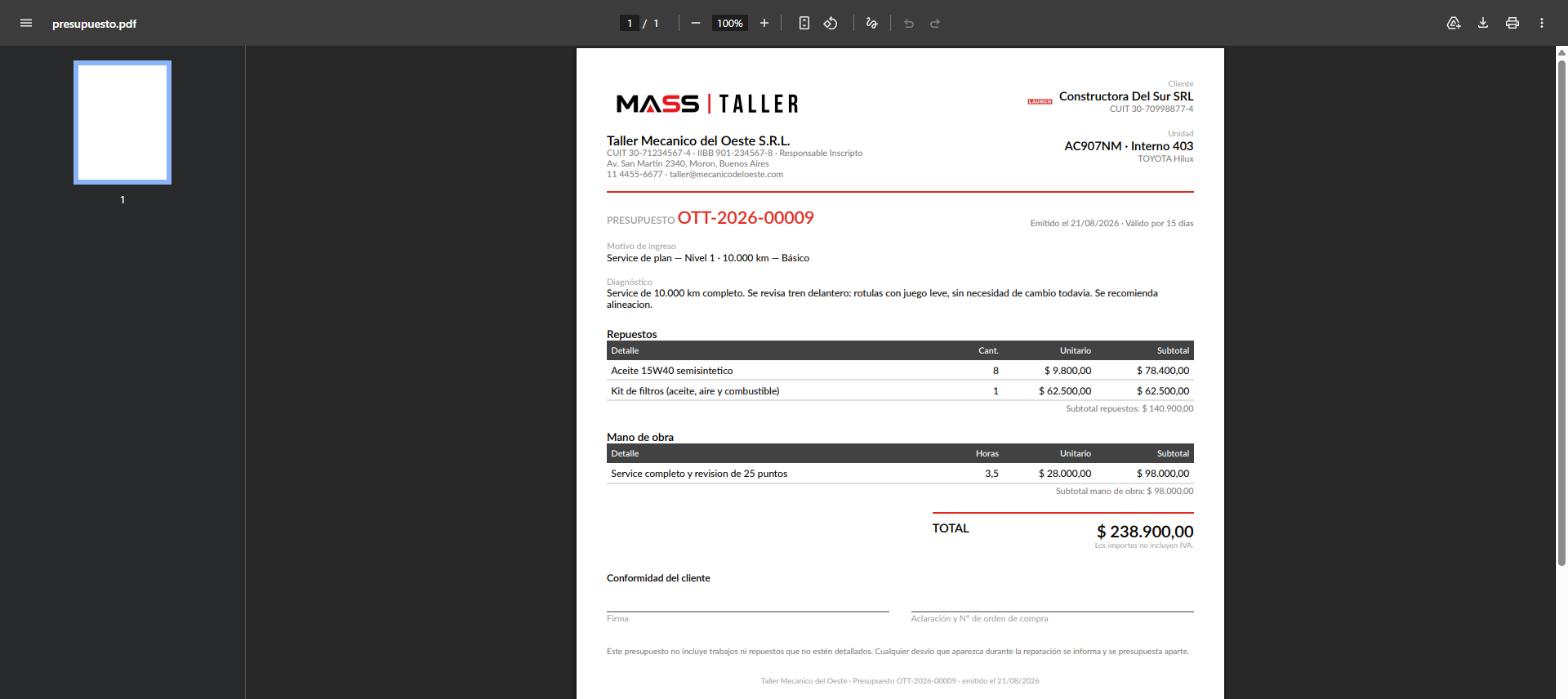 El PDF del presupuesto con el logo del taller, su CUIT, su IIBB, el detalle de repuestos y mano de obra, el total y el espacio para la conformidad del cliente.